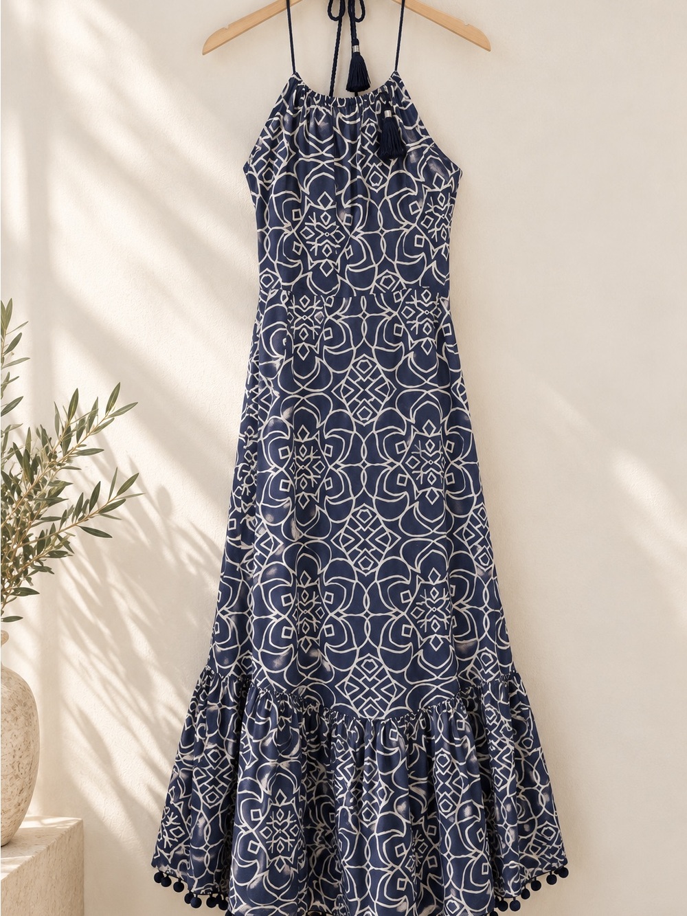 Zara Navy and White Halter Maxi Dress